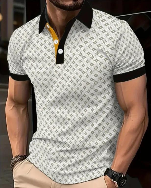Trendy Geometric Pattern Short-Sleeve Polo Shirt, Stylish Men's Casual Top