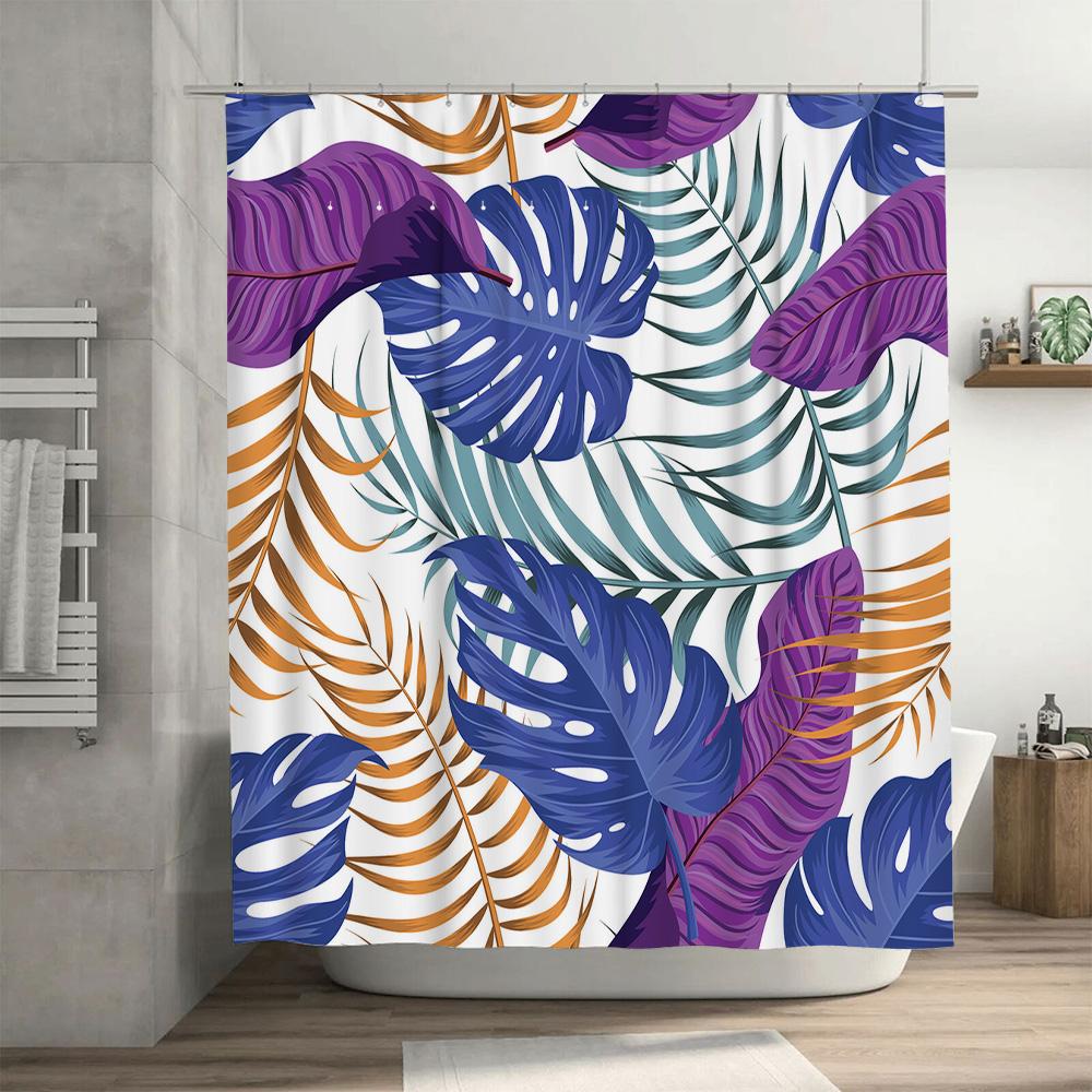 Colorful Palm Leaf Shower Curtain For Bathroom Decor Water Resistant Fabric With Hooks Set, Modern Floral Print Home Accessories