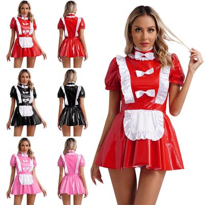 Robe de soubrette en cuir verni brillant pour femme, tablier à volants, manches bouffantes, vêtement de club, robe de soirée