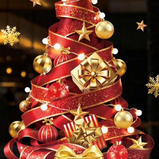Reusable Glass Film 2Pcs Christmas Tree Static Stickers, Red Ribbon Window Clings, Clings Removable PVC Stickers for Home Store Doors Decorations