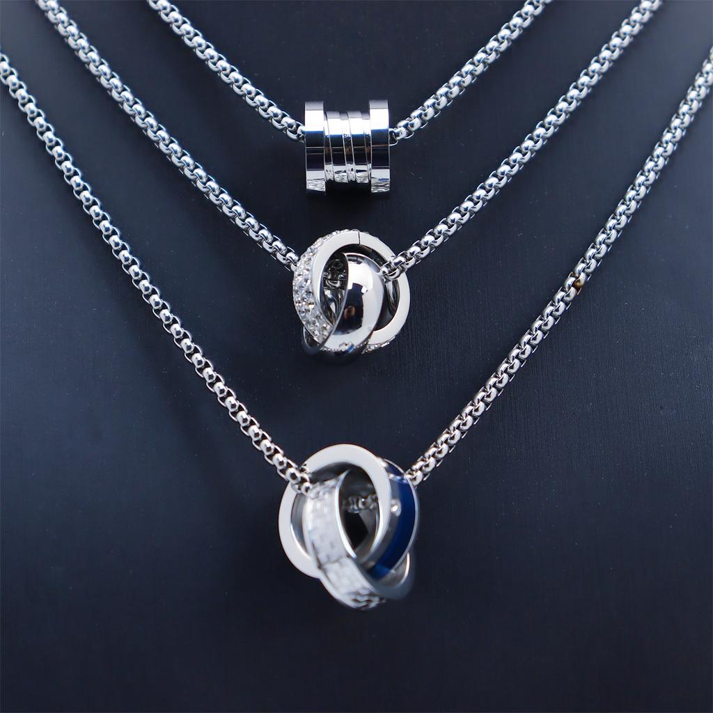 Fashion Trendy Men'S And Women'S Double-Ring Diamond-Encrusted Pendant Necklace High-End Trendy Cool Titanium Steel Pearl Chain Jewelry