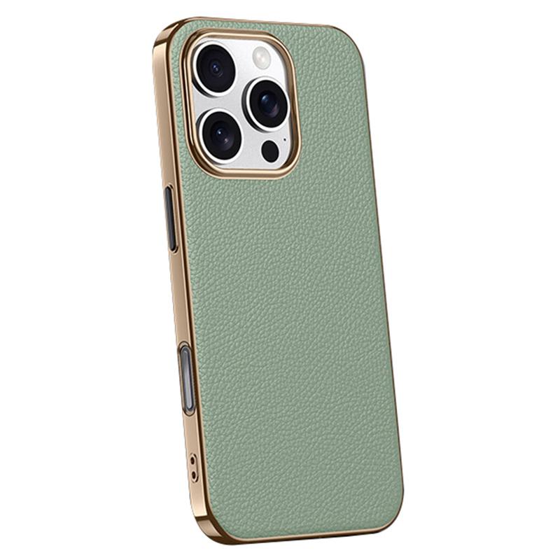 For iPhone 16 Pro Case Electroplating Genuine Cow Leather+PC Drop Resistance Phone Cover