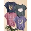 Four-piece set of women's heart-patterned short-sleeve shirts Leopard print hollow-out pink heart ECG print round-neck summer dress T Shirt Suitable