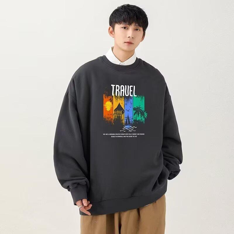 

Напечатанный свитер осень-зима для мужчин весна и осень 2024 года, корейский новый свободный топ с круглым вырезом, шикарный стиль Гонконга, модный 5XL темно-серого