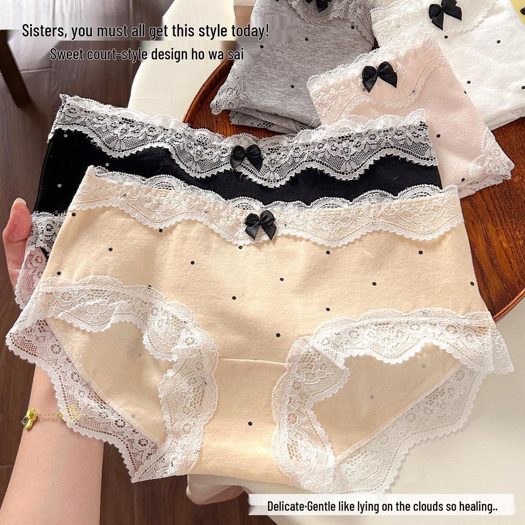 Japanese Retro Polka Dot Lace-Trimmed Cotton Women's Briefs - Soft, Breathable, Hip-Hugging Triangle Design