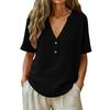 Women Solid Button V Neck Short Sleeve Casual T Shirt