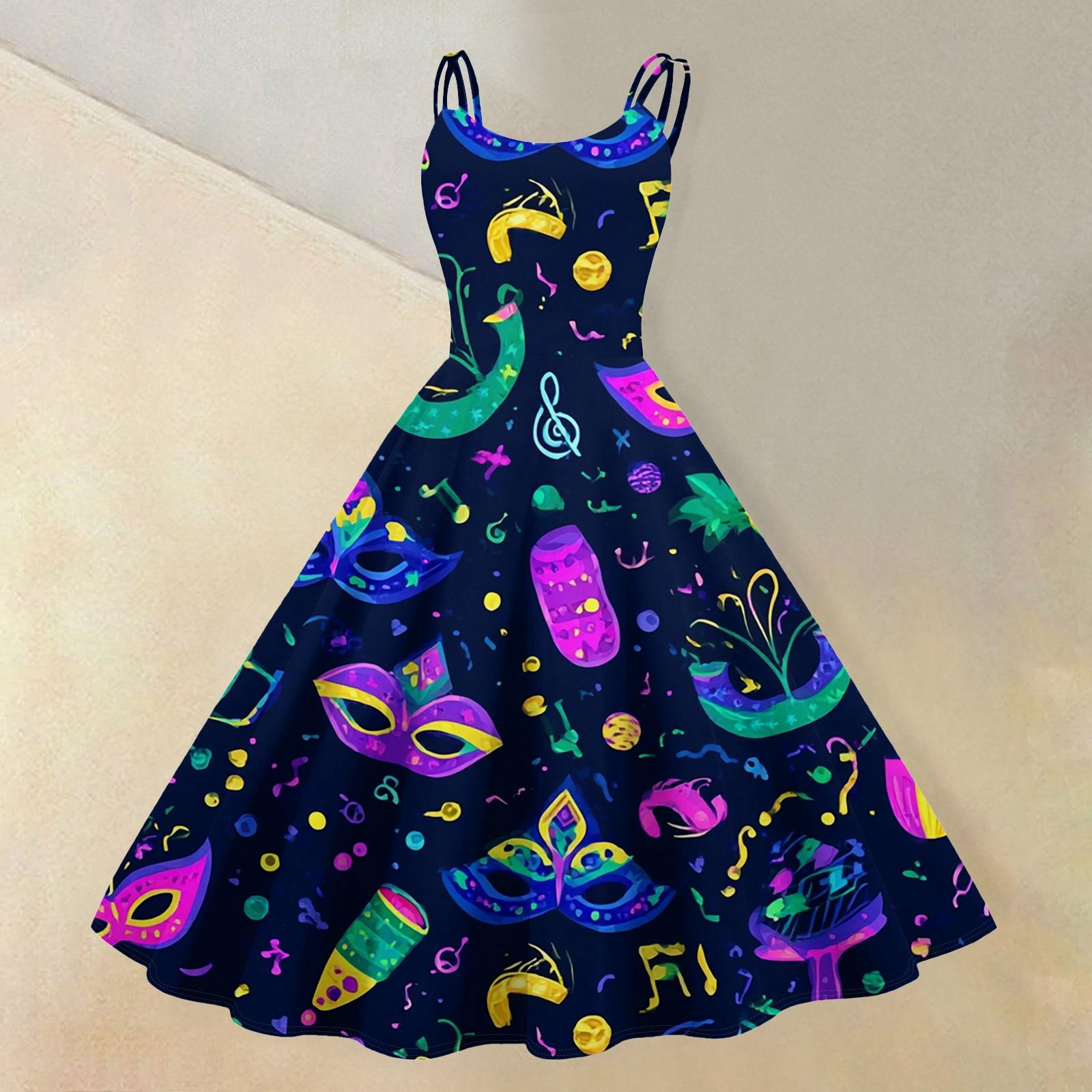 Women s Casual Fashion Carnival Printed Round Neck Retro Dress L