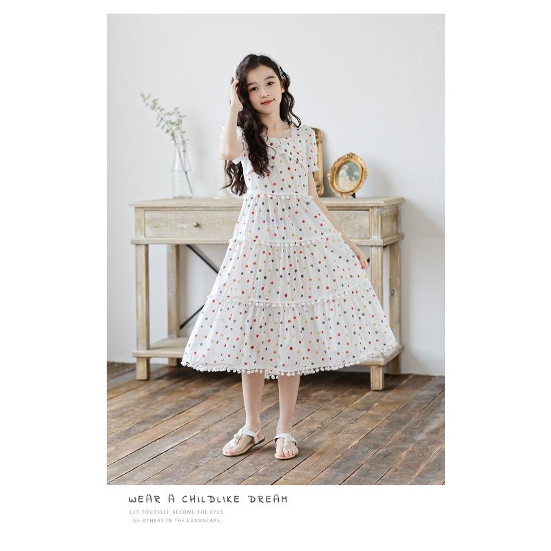 Kids Big Girls Korean Style Polka Dot Short Sleeve Fringe Hem Long Princess Dress