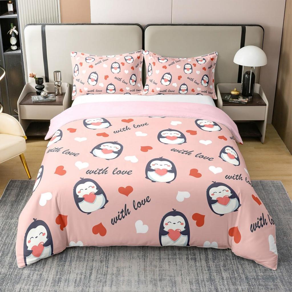 Cute Penguin And Love Heart Duvet Cover Set For Kids Teens Lightweight Quilt Cover With 2 Pillowcase Cartoon Penguin Bedding Set