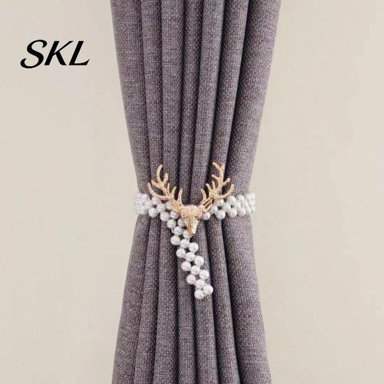 Faux Pearl Curtain Holdbacks Deer Head Tieback, Beaded Stretch Holder, Adjustable Holdback for Bedroom Living Room Window Door Drapes Tiebacks