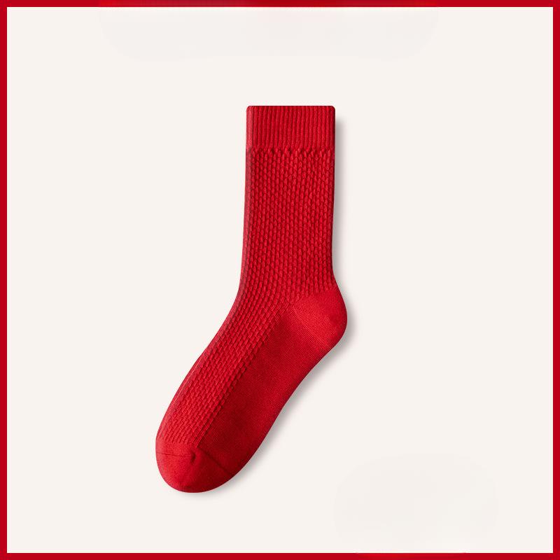 Frühlings- und Herbstsocken aus reiner Baumwolle, rot, für Damen und Herren, mittelhohe Socken, reine Baumwolle, große rote Socken, Neujahrs-Frotteesocken