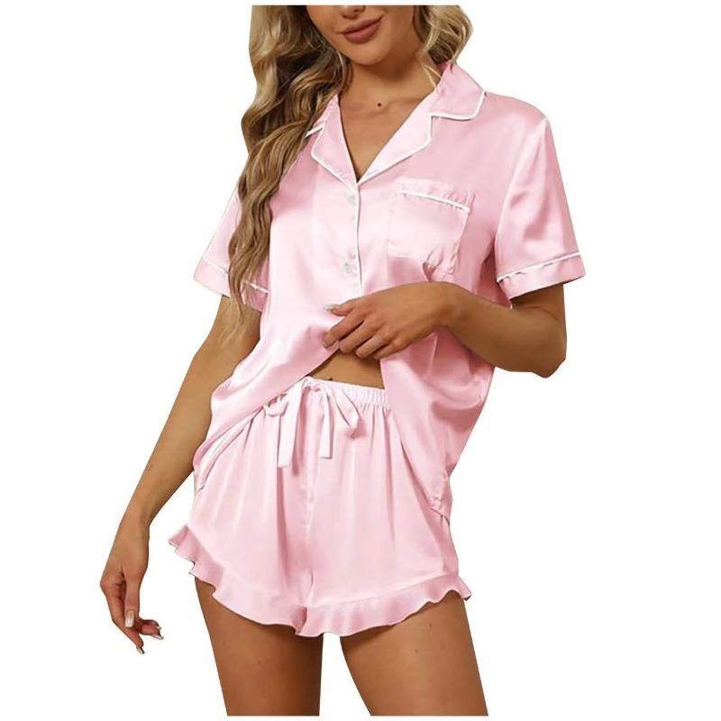 Summer Women's Pajama Set Satin Short Sleeve Lapel Tops with Shorts Sleepwear 2 Piece Loungewear Nightwear Home Clothes