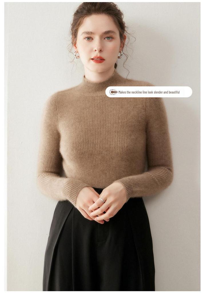 Women's Cashmere Solid Color Half-High Neck Sweater – Thick Knit, Slim Fit, Versatile Autumn/Winter Base Layer Top