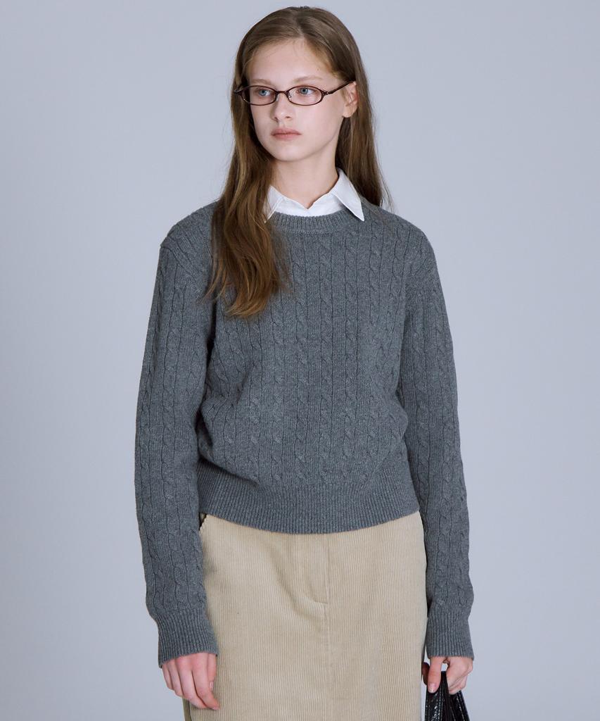 BASIC HOUSE Women'S Cable Round Neck Crop Knit Grey Lykt7201