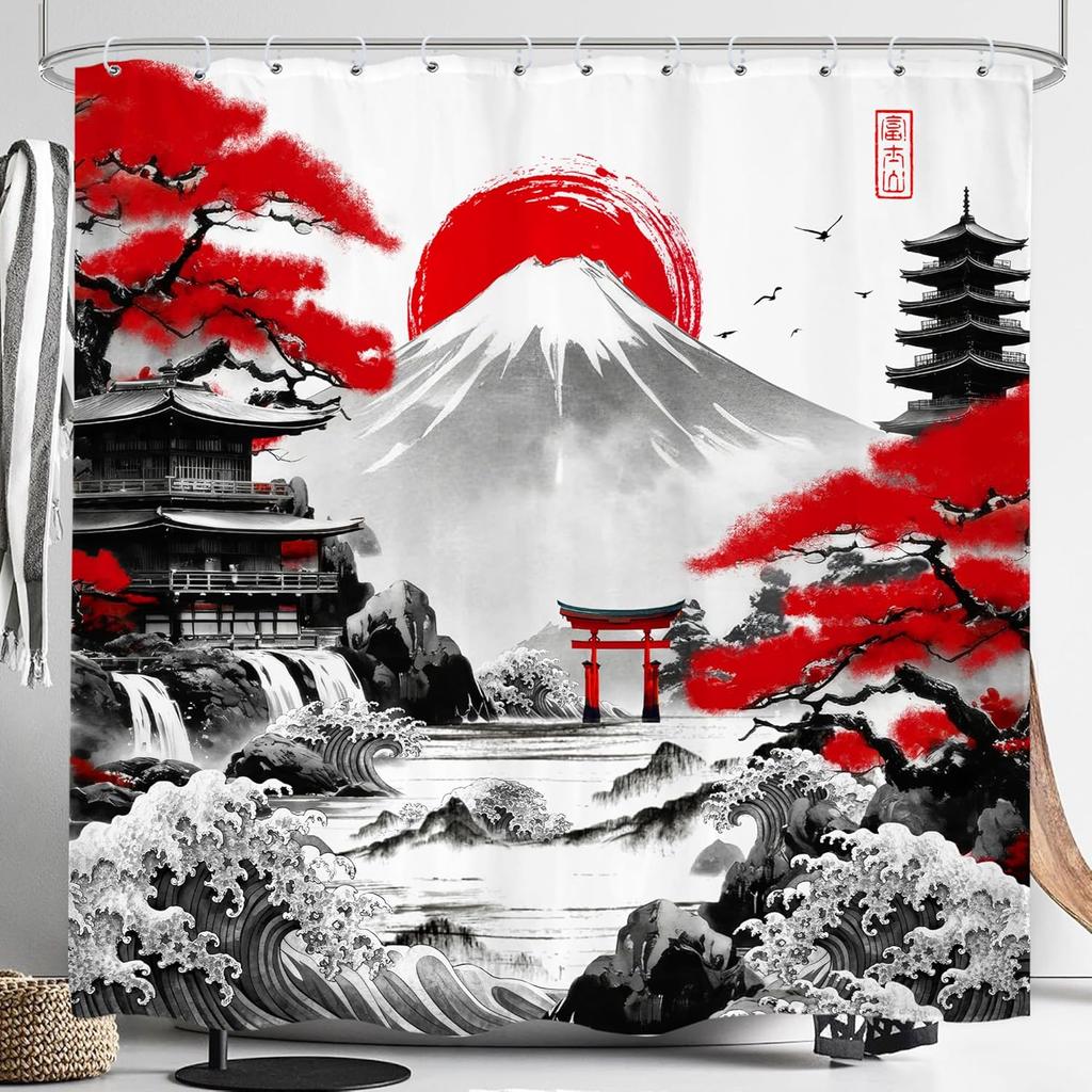 Japanese Cherry Blossom Shower Curtain Watercolor Black Red Floral Asian Chinese Mountain Sun Anime Fabric Waterproof
