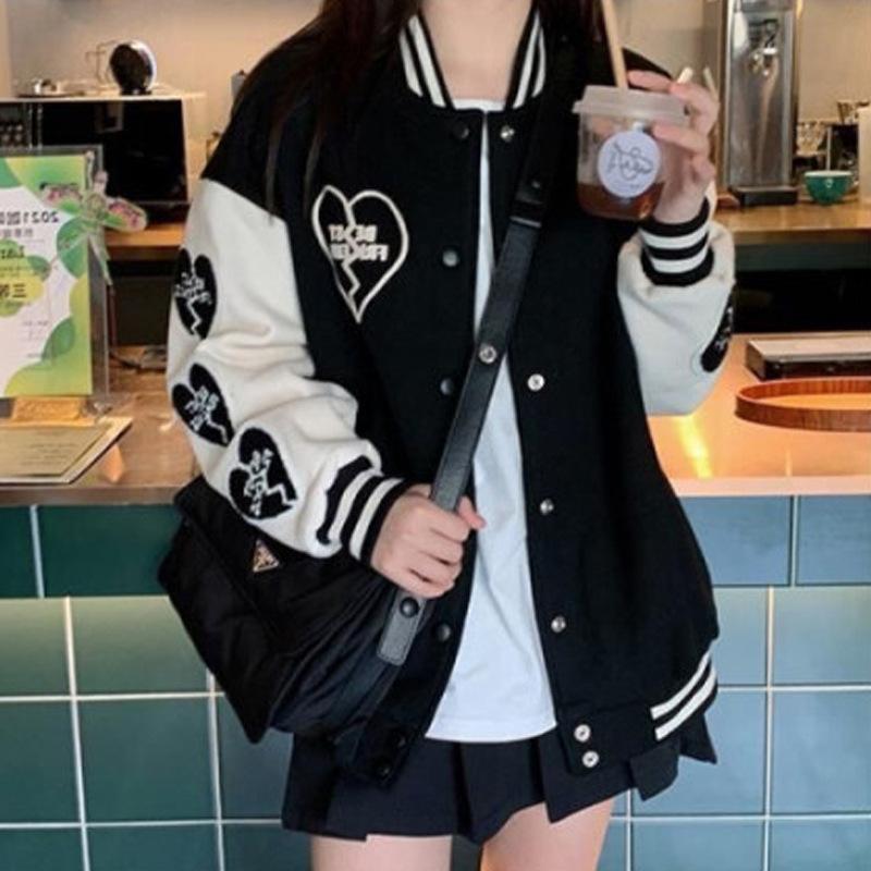 

Ретро бейсбольная форма для женщин на весну и осень, новый стиль, для учениц средней и старшей школы, осенняя корейская свободная куртка для женщин 2XL чёрный