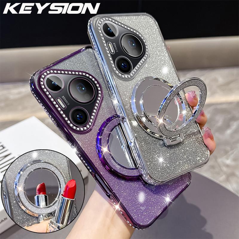 KEYSION Glitter Jewelled Magnetic Phone Case for Huawei Pura 70 Pro Makeup Mirror Stand Shockproof Cover for Huawei Pura 70