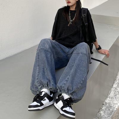 Unisex Jeans Wide Leg Straight Retro Washed Side Pockets High Street Hip Hop Drawstring