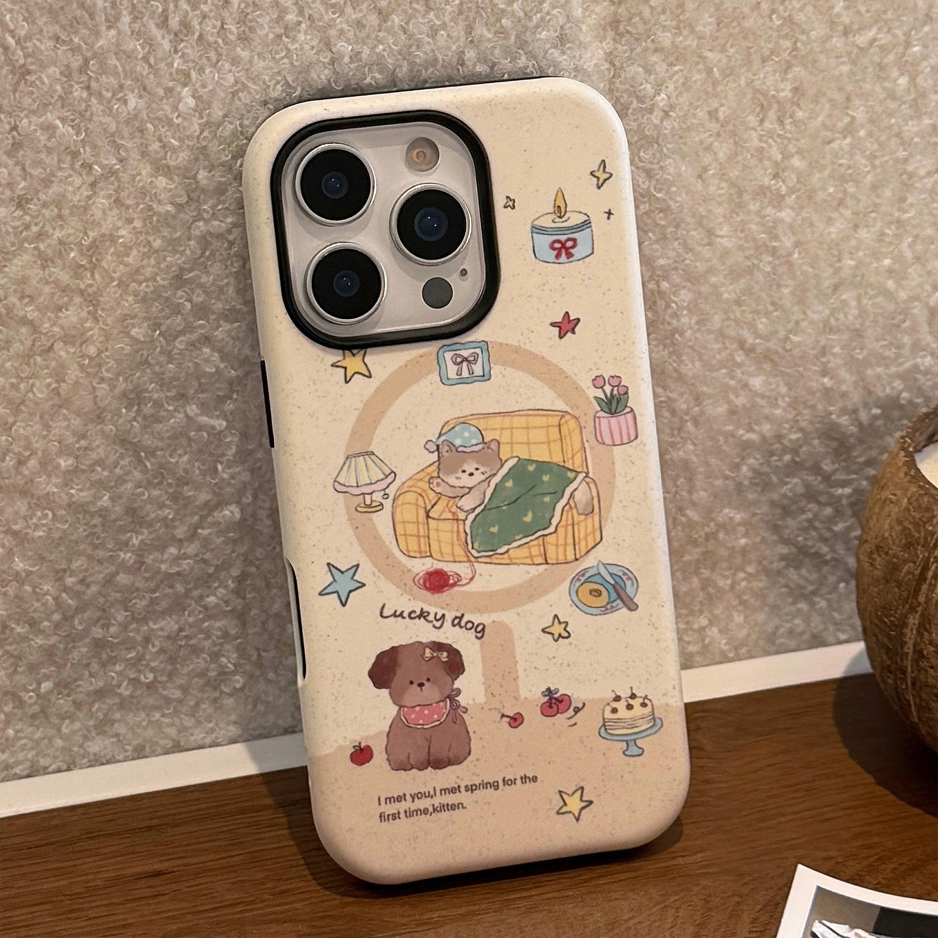 

Милый Милый Щенок Магнитный Стенд Чехол для iPhone iPhone 16 Подходит для 13 Philin 15 Promax Твердый 14 Корейский 12promax