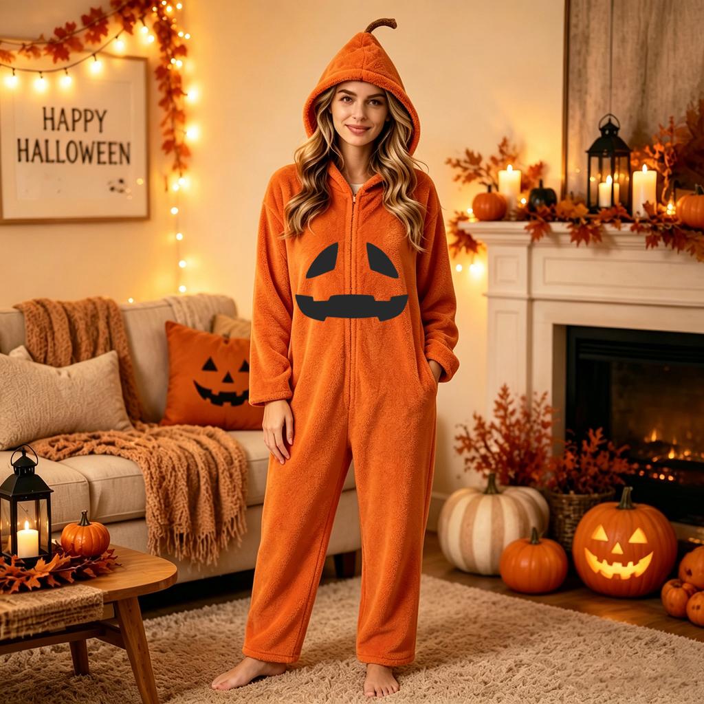 Damen Halloween Print Flanell Strampler Loungewear Set für gemütliches Entspannen