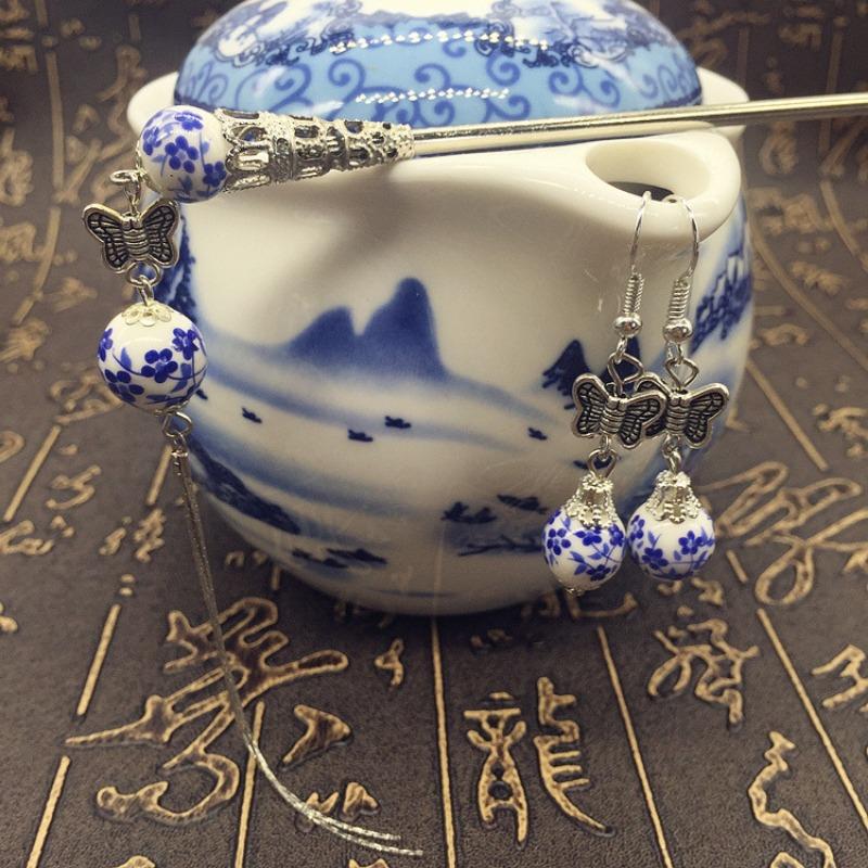 Blue and White Ceramic Fringed Hairpin Niche Design Step Hairpin Hairpin Women's Literary and Antique Earrings