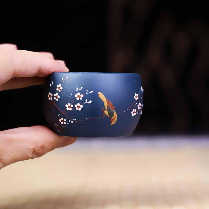 80ml Boutique Yixing Purple Clay Teacup Hand Painting Joyful Flower And Bird Master Cup Tasting Tea Bowl Small Mouth Cup Teaware