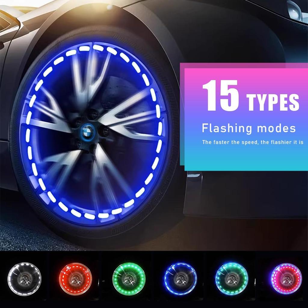 4PCS Car Tire Wheel Lights, Colorful Flashing LED Air Valve Cap Lights With Motion Sensor, Solar Waterproof Tire Light Gas Nozzle For Truck Bike