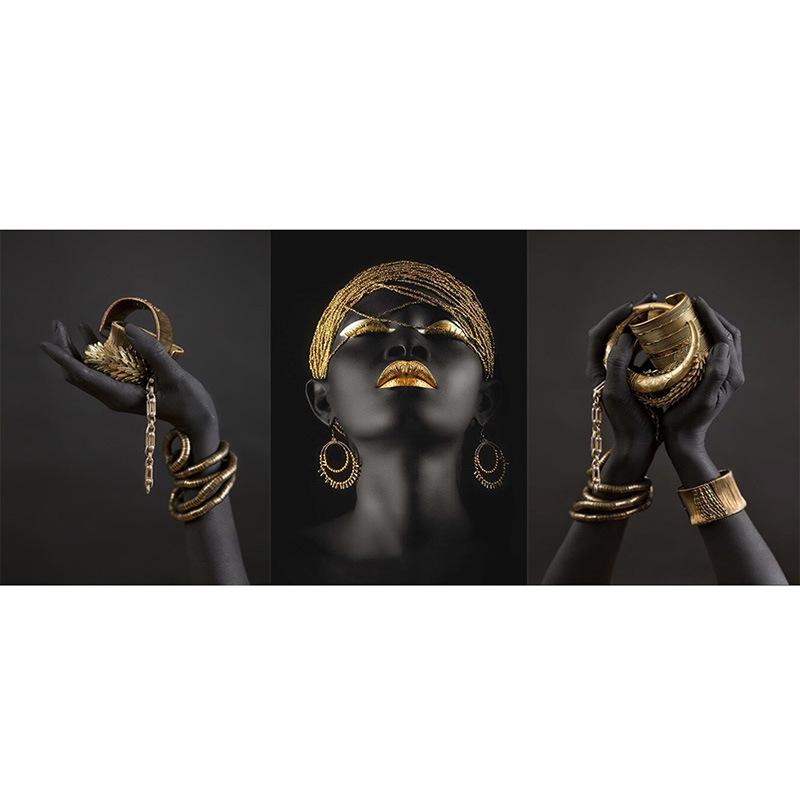 Femeie Neagră cu Bijuterii Aurii Artă de Perete pe Pânză - Pictură Decorativă Modernă pentru Dormitor și Camera de Zi