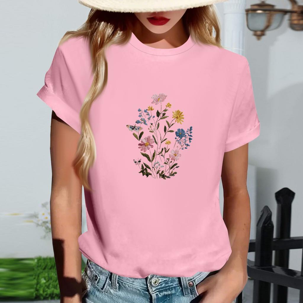 Women's Fashionable Round Neck Casual Retro Print Short Sleeved T-shirt Top