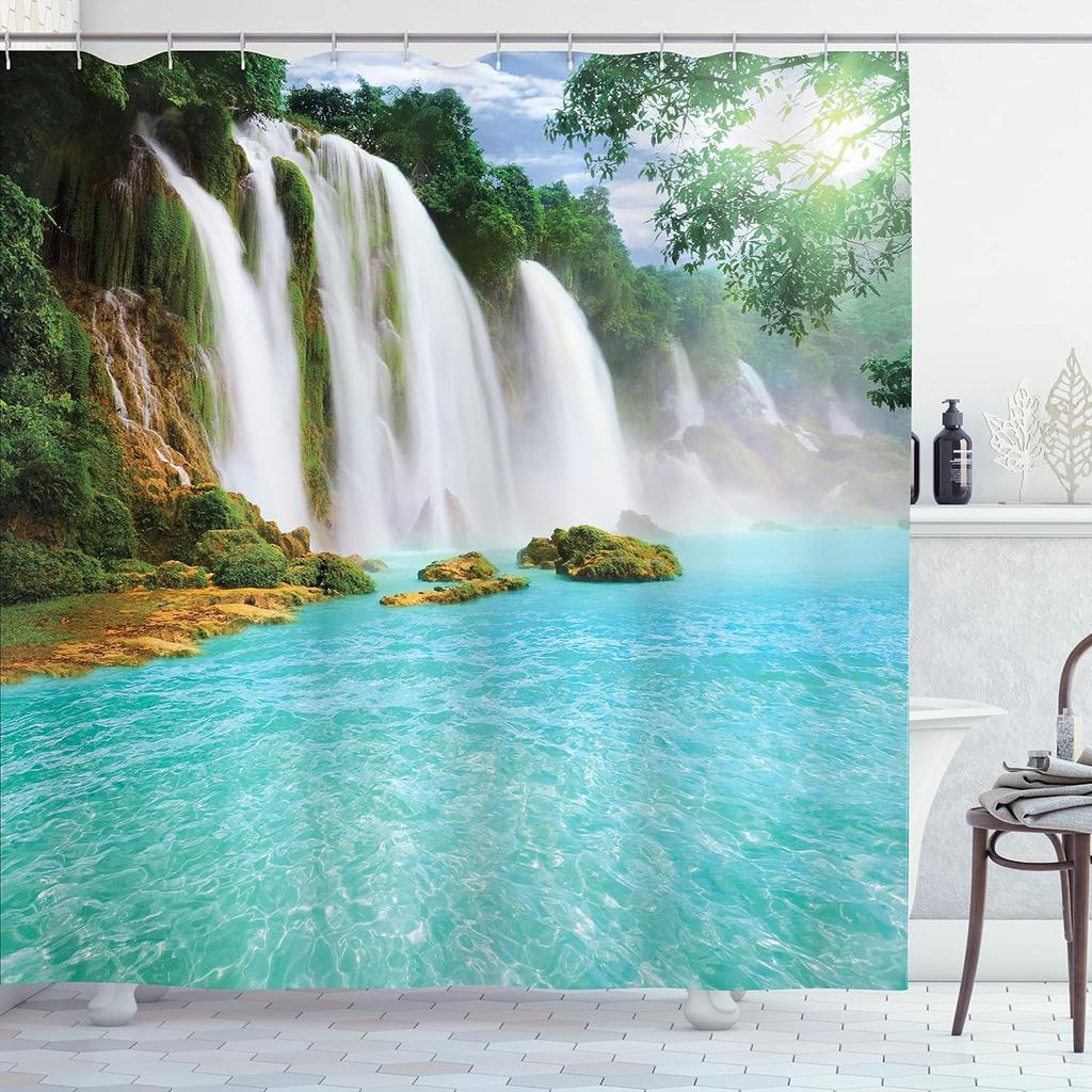 Natural Scenery Waterfall Shower Curtain Plant Lake River Landscape Bath Decor Bathroom Waterproof Polyester Cloth Curtain