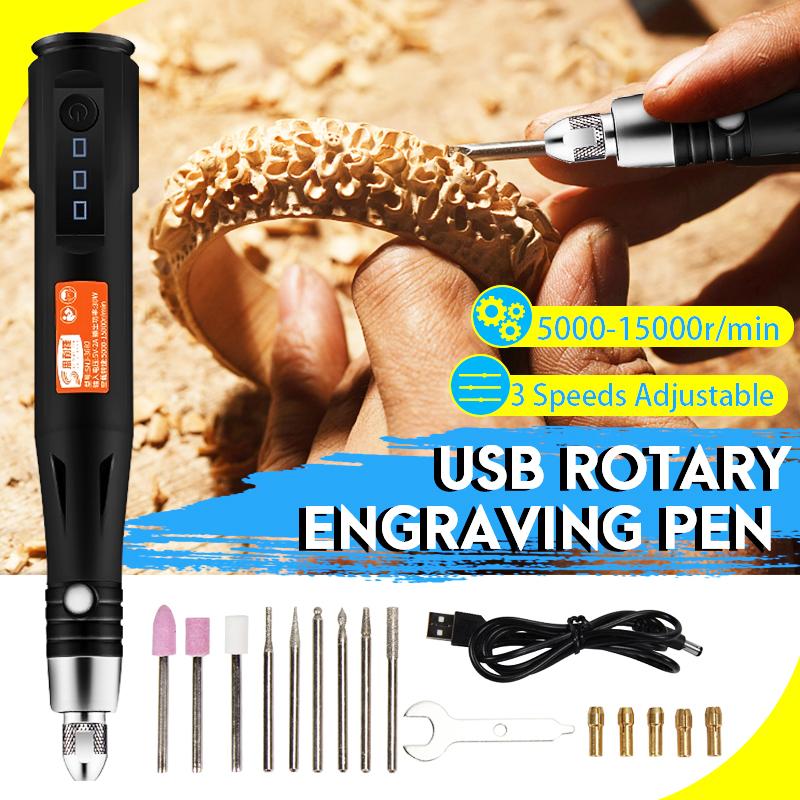 Mini-Gravierwerkzeugmaschine 5000–15000 U/min, 3 Geschwindigkeiten einstellbar, elektrischer Schleifer, Gravierstift, Schleifwerkzeuge, USB, kabelloses Schleifer-Set