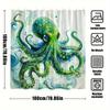 Octopus Watercolor Shower Curtain Green Abstract Octopus With Blue Waves, Vivid Ocean Art Bath Curtain For Creative Home Decor