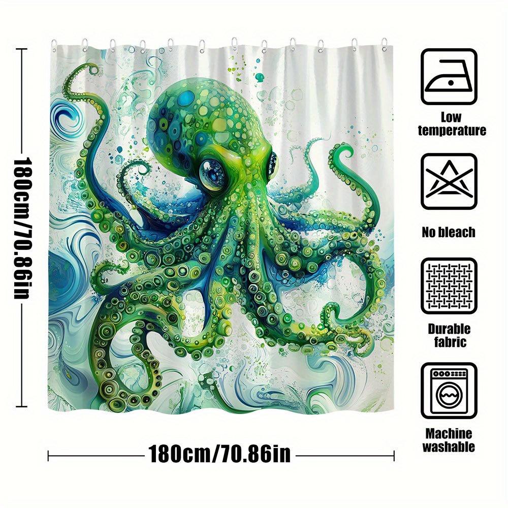 Octopus Watercolor Shower Curtain Green Abstract Octopus With Blue Waves, Vivid Ocean Art Bath Curtain For Creative Home Decor