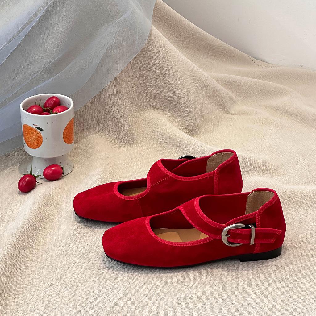 Korean Version Round Head Light Mouth Shoes Suede Ballet Shoes Spring Buckle Belt Mary Jane Flat Bottom Evening Shoes Ladyshoes 26-5