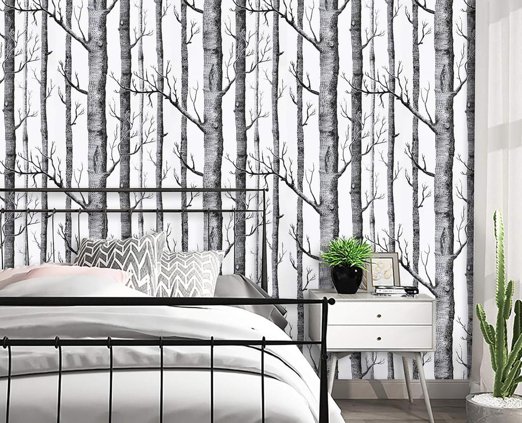 Birch Tree Peel and Stick Wallpaper Black White Self Adhesive Wallpaper Removable Contact Paper for Bedroom Living Room Decor