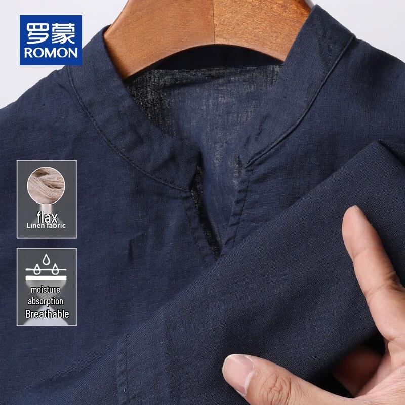 Romon Men s Summer Linen Blend Half-Button Short Sleeve Shirt L