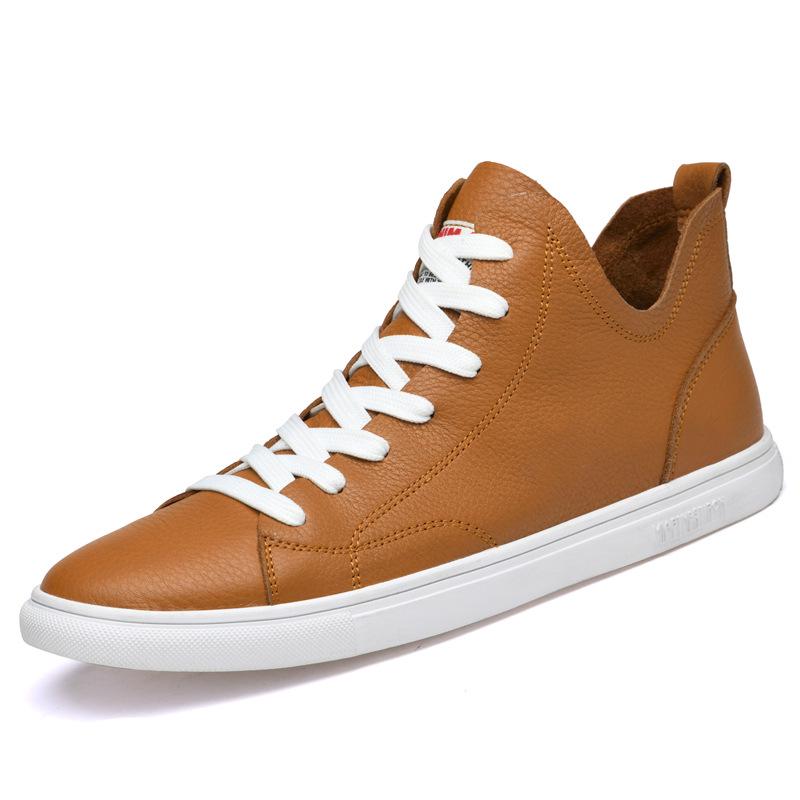 Men's Korean Style Velvet-Lined Mid-Top Leather Sneakers - Trendy Casual Cowhide Patchwork, Large Sizes Available.
