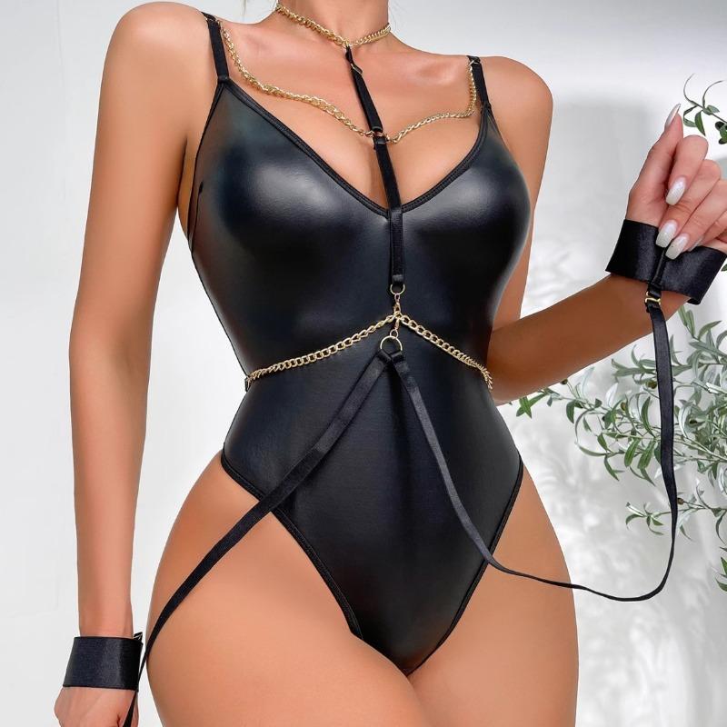 New sexy patent leather chain neck bracelet backless one-piece erotic underwear set