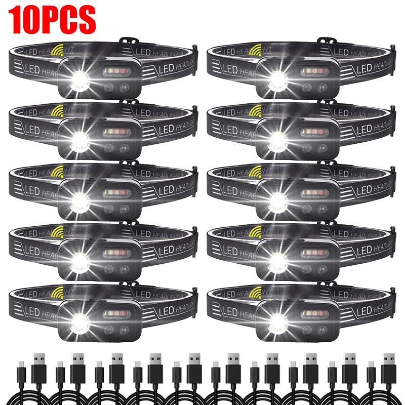 1-10PCS LED Induction Headlamp 6 Modes Fishing Headlight Built-in Battery USB Rechargeable Outdoor Super Bright Camping Lamp