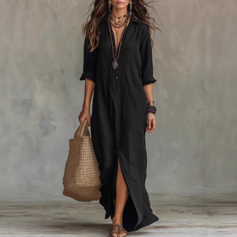 2026 Vestito da Donna Casual Ampio Elegante Boho Monocolore Semplice Spacco Laterale Manica Lunga Vestito da Festa Vestito Camicia Aderente Abiti da Ufficio per Donna