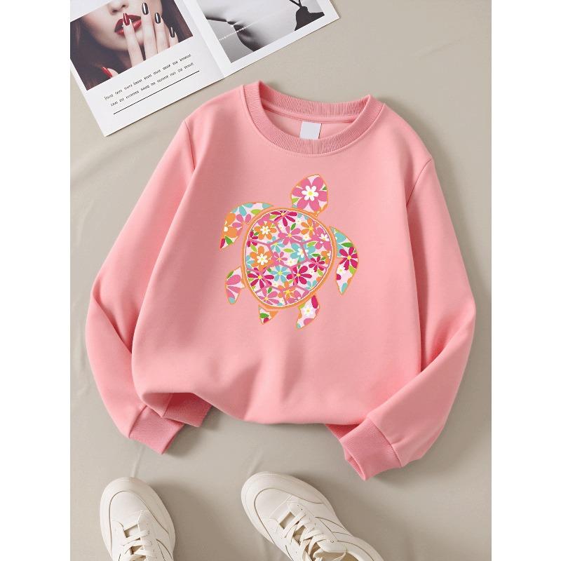Kids Sweatshirt, Crew Neck Fashion Top, Fun "Floral Turtle Pattern" Patterned Sweatshirt, Suitable for Everyday Casual Wear