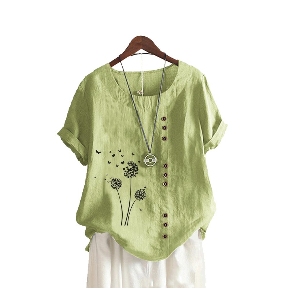 Women Fashion O Neck Blouse Summer Cotton Liene T-shirt Laides Pullover Loose Print Short Sleeve Top