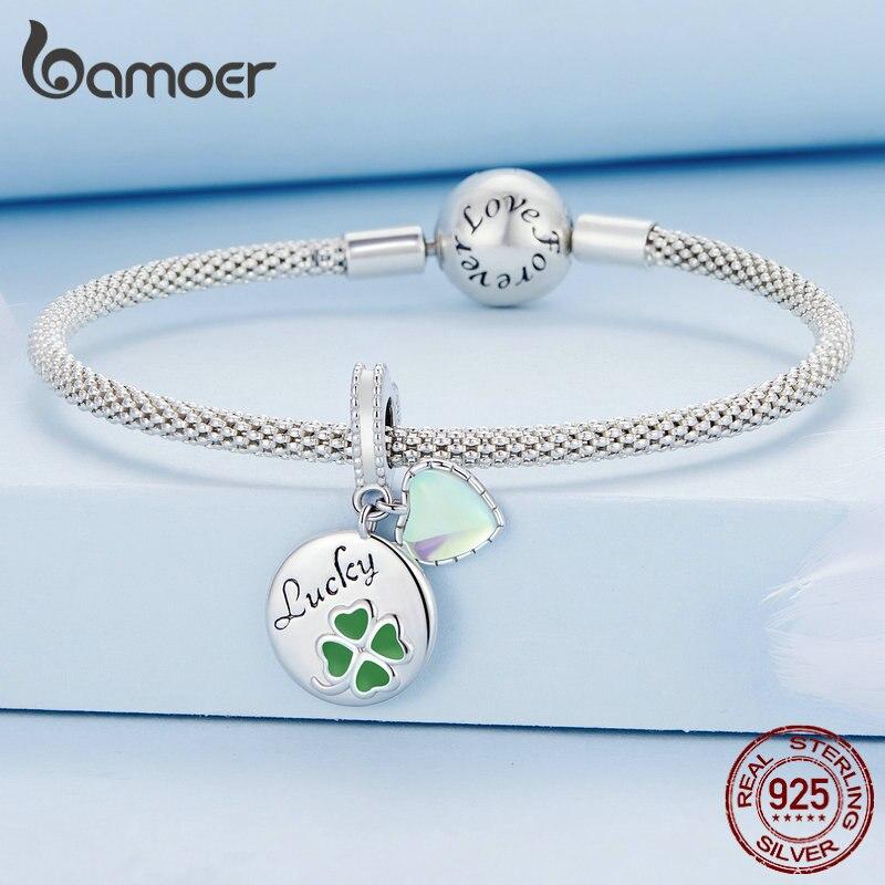 Bamoer 925 Sterling Silver Four-leaf Clover Hanging Bead Green Heart Pendant Charms for Women Bracelet DIY Fine Jewelry