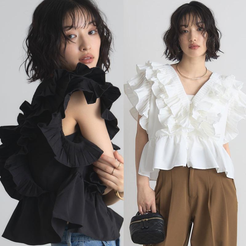 Korean Style Summer Women Stylish Blouse V Neck White Black Layered Ruffles Fashion Shirt Flying Sleeve Feminine Top