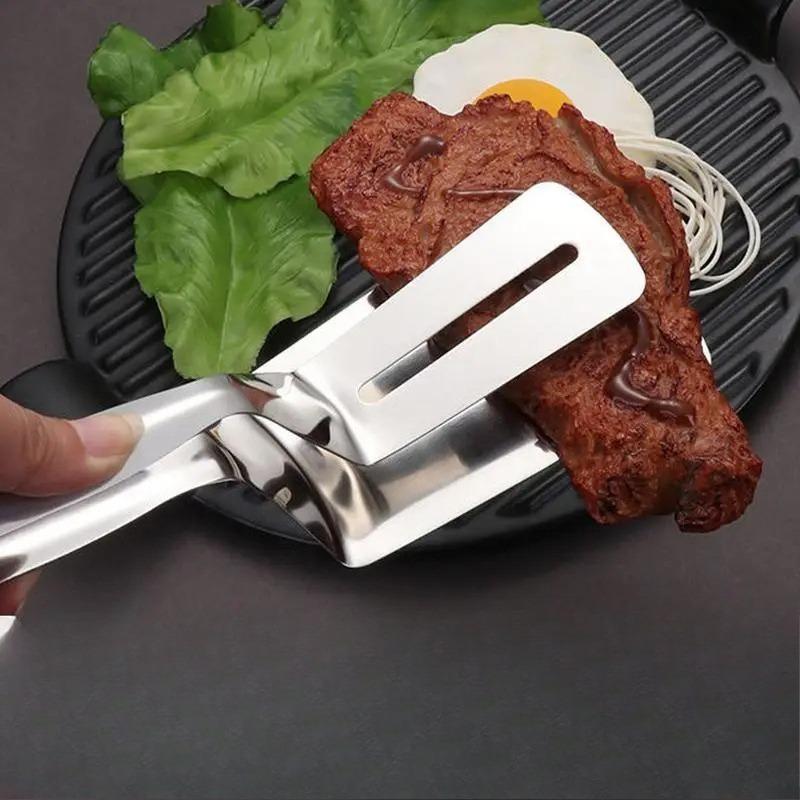 Stainless Steel Frying Shovel Clip 2 In 1 Food Grip Spatula Tongs Multifunctional Fish Gripper Steak Tong BBQ Food Clamp Spatula