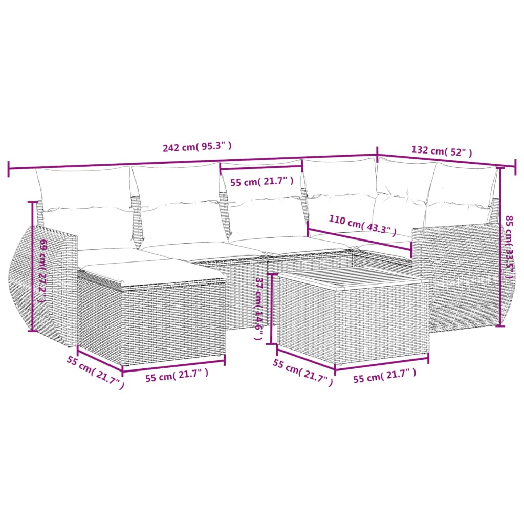 7 piece garden sofa set with cushions black poly rattan