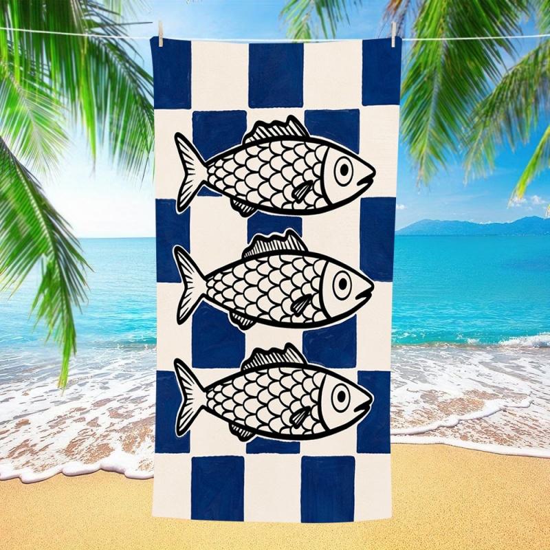 Schachbrettmuster Handgezeichnet Drei Fische Druck Strandtuch Schnelltrocknend Sandfrei Großes Handtuch für Strand Camping Schwimmen Outdoor Yoga