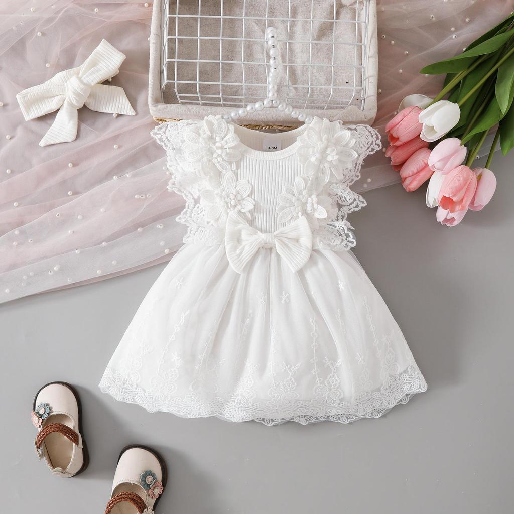 Set Abito da Battesimo Senza Maniche con Pizzo Floreale e Fascia per Bambina 2025