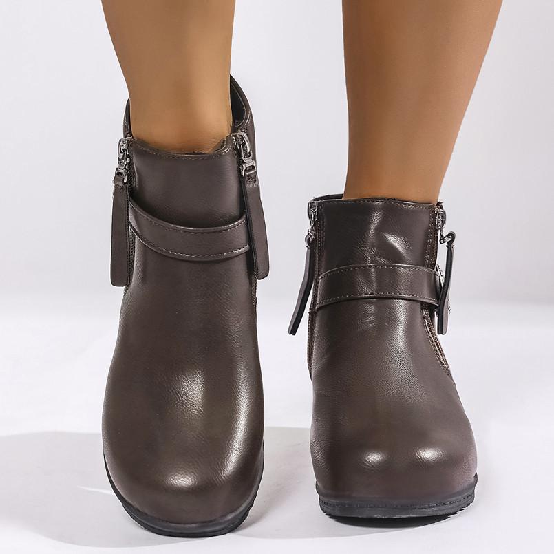 

Large size belt buckle round head and ankle boots, foreign trade autumn new round head wedge side zipper short leather boots for women 43 коричневый