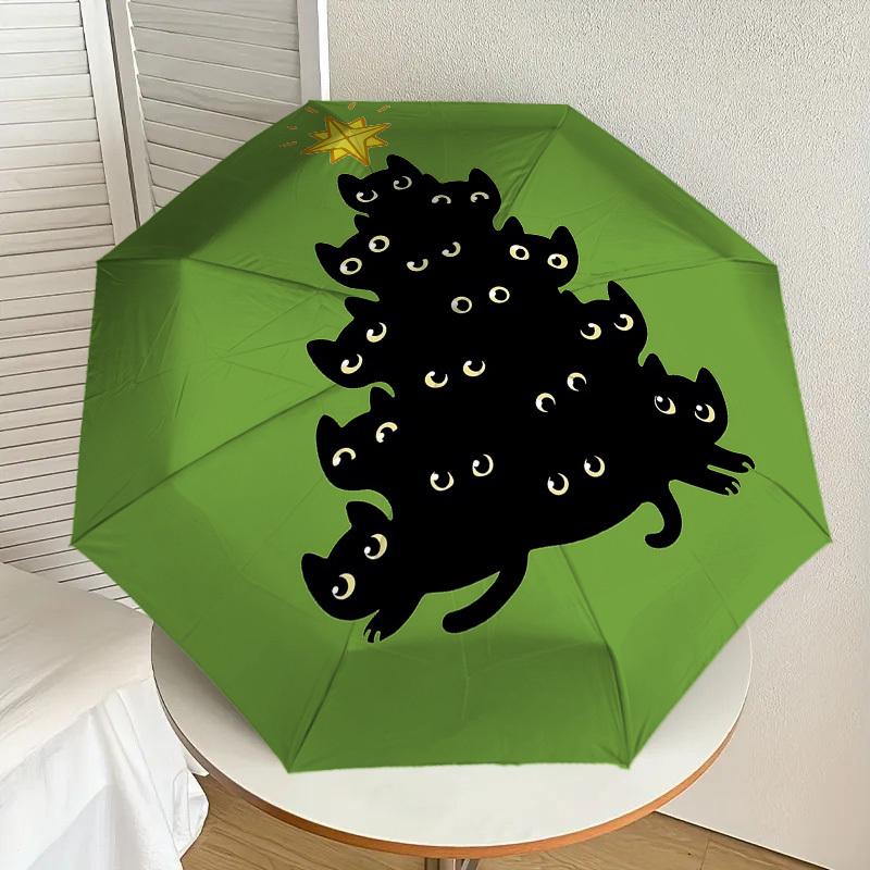 Black Cat Christmas Tree Umbrella: A Unique, Festive Design for Outdoor Adventures - Auto-Open/Close, Lightweight & Durable
